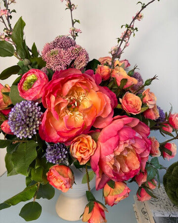 Fuchia Peony and Coral Spray Rose Pedestal