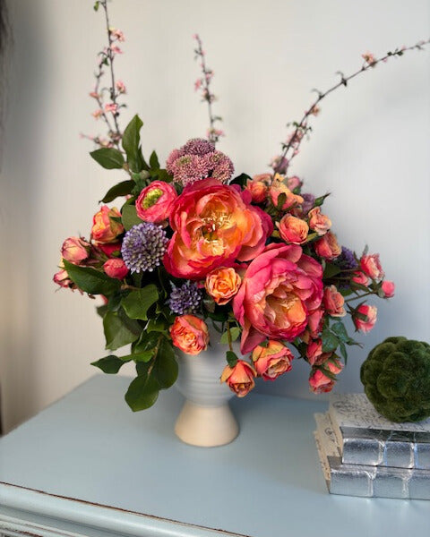 Fuchia Peony and Coral Spray Rose Pedestal