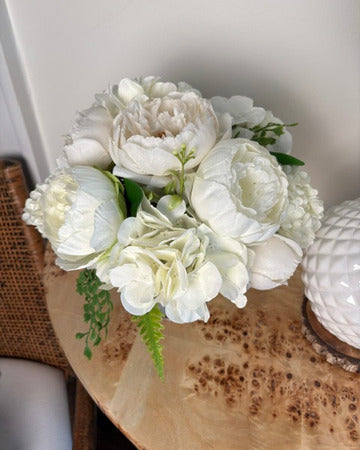White Hydrangea, Snowball, Peonies, &  Delicate Fern in Metal Compote